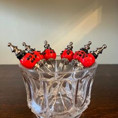 Vintage Ladybird Cocktail Picks in Glass Holder