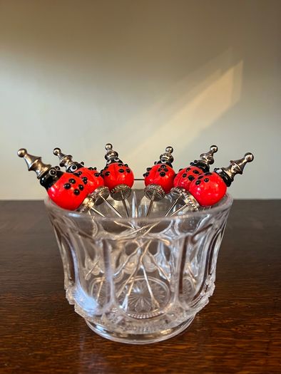 Vintage Ladybird Cocktail Picks in Glass Holder