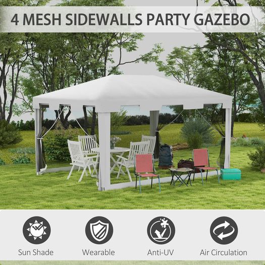 4 m x 3 m Gazebo Party Tent - Outdoor Canopy Garden Sun Shade with Mesh Sidewalls, White