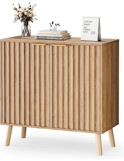 Sideboard, Buffet Storage Cabinet with Fluted Decorating, Sideboard Storage Cabinet with 2 Doors & Adjustable Shelf, Kitchen Cupboard for Living Room, Dining Room, 35 x 77 x 78 cm, Oak