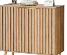 Sideboard, Buffet Storage Cabinet with Fluted Decorating, Sideboard Storage Cabinet with 2 Doors & Adjustable Shelf, Kitchen Cupboard for Living Room, Dining Room, 35 x 77 x 78 cm, Oak