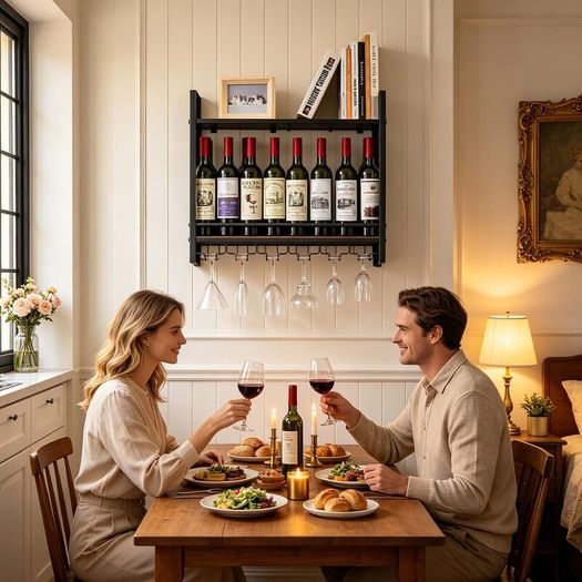 3-Tier Wall Mounted Wine Rack with Glass Holder, Industrial Metal Wine Bottle Storage