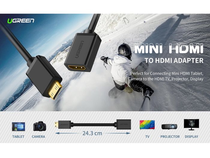 Ugreen Mini HDMI (Male) to HDMI (Female) 3D/UHD 4K@60Hz Bi-Directional Cable Adapter (Gold-Plated) (Brand New/Warranty)