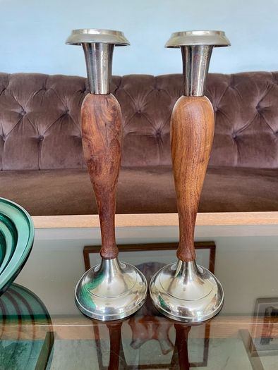 Vintage Tall Pair of Silver Metal and Wooden Candlestick Holders