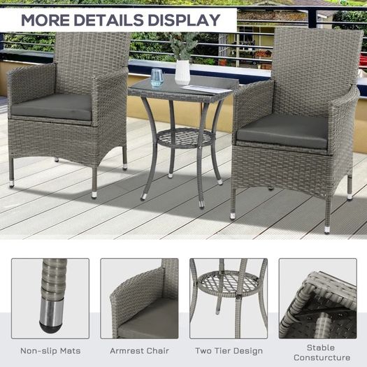 Garden Outdoor Rattan Furniture Bistro Set 3 PCs Patio Weave Companion Chair Table Set Conservatory, Light Grey (FREE SHIPPING)