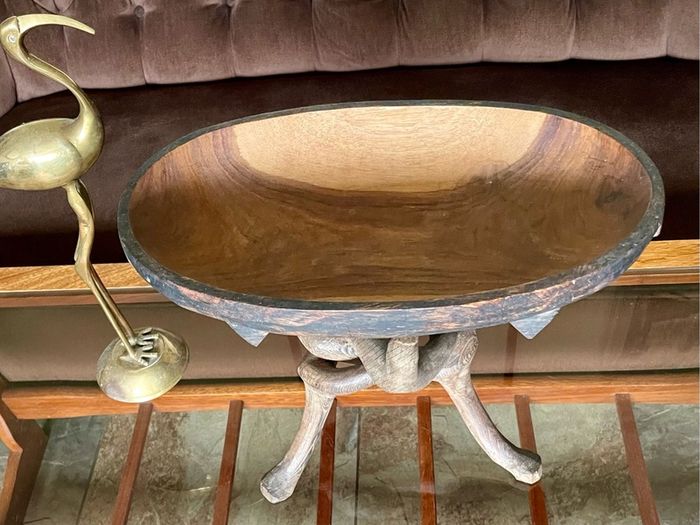 Unique Vintage Wooden African Tribal Art Decor Hand made bowl on Tripod folding Stand