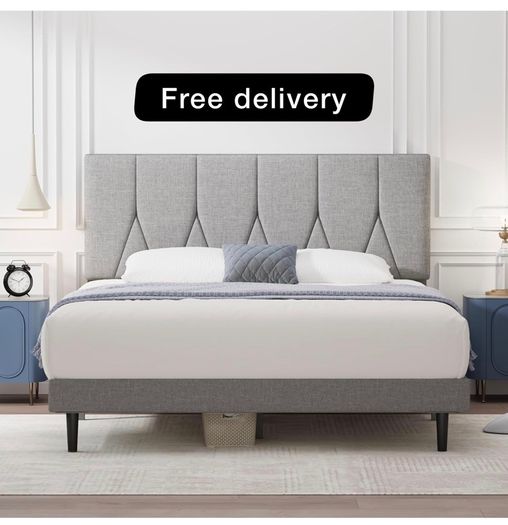 King Bed Frame, Light Grey, Upholstered Wooden Slat Bed Frame with Headboard