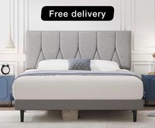 King Bed Frame, Light Grey, Upholstered Wooden Slat Bed Frame with Headboard