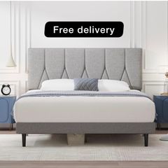 King Bed Frame, Light Grey, Upholstered Wooden Slat Bed Frame with Headboard