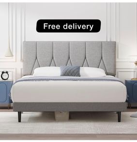 King Bed Frame, Light Grey, Upholstered Wooden Slat Bed Frame with Headboard