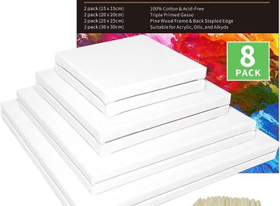 Blank Canvas Boards for Painting, Set of 8 Art Square Canvas Frame Panels, Board Stretcher Academy Acrylic Oil Water Painting, Stretched Wooden Frames, 100% Cotton, Canvases for Kids & Artist (FREE POSTAGE)