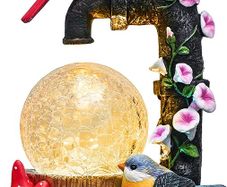 Robin Bird Garden Ornaments with Solar Lights, Waterproof Faucet Bird Garden Statue Ornament with Crackle Glass Ball Outdoor Figurines for Patio Lawn Yard Autumn Decorations, 21cm