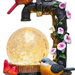 Robin Bird Garden Ornaments with Solar Lights, Waterproof Faucet Bird Garden Statue Ornament with Crackle Glass Ball Outdoor Figurines for Patio Lawn Yard Autumn Decorations, 21cm