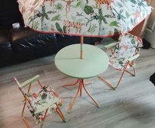 Kids table set. Outdoor furniture set. Kids camping set. 4-Piece set: Kids ensemble with 2 folding chairs, table and parasol. Picnic table