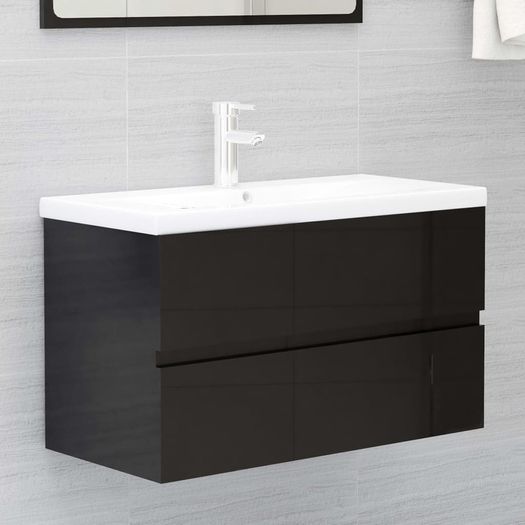 Sink Cabinet with Built-in Basin High Gloss Black Chipboard