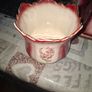 1950s Ceramic Flowerpot featuring a Scalloped Dark Red Gradient Rim and a Delicate Pink Floral Decal Image 2