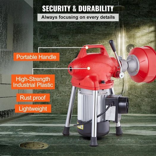 Drain Cleaner Machine Electric Sewer Snake Auger Manual Feed with 2 Sectional Steel Cables 250W
