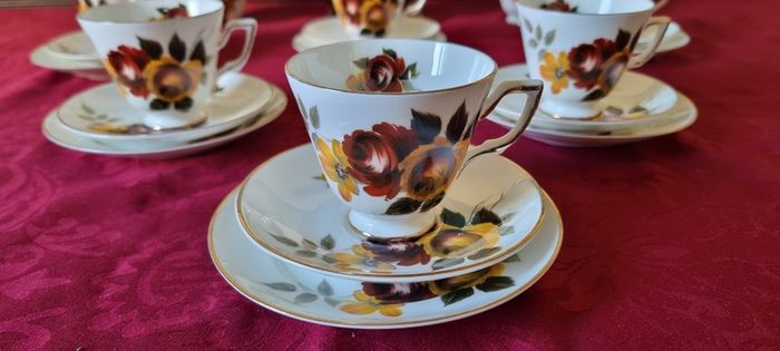 21 Piece Royal Tara Bone China Gold Gilt Red And Yellow Floral Tea Set For 6 Person Setting Made in Ireland
