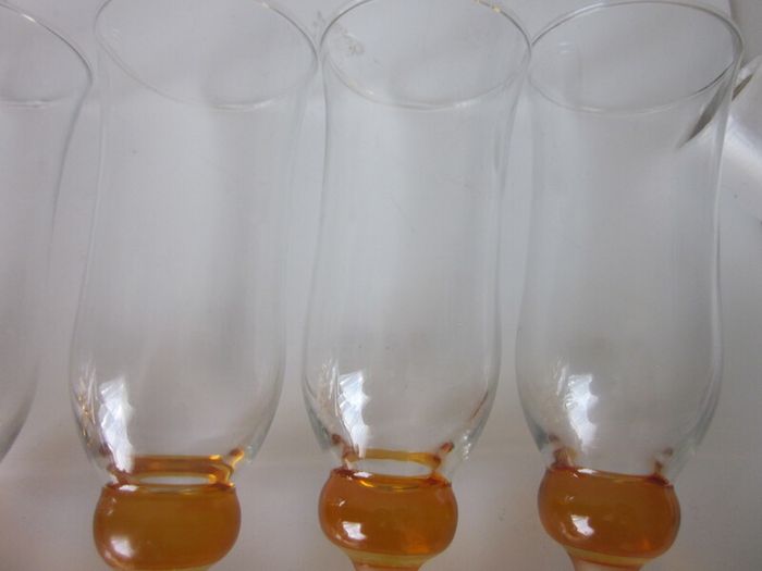 Set of 6 Vintage Amber Bubble Stem Champagne Glass Flutes 18.5cm