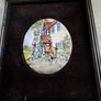 Vintage framed miniature plaque featuring a hand-painted Enamel On Copper Mini Picture Plaque  equestrian or coaching scene mounted on black velvet within a dark wood frame  Fox Hunting Scene. Image 4