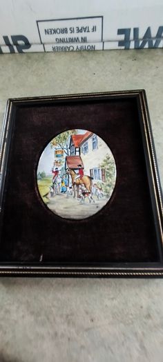 Vintage framed miniature plaque featuring a hand-painted Enamel On Copper Mini Picture Plaque  equestrian or coaching scene mounted on black velvet within a dark wood frame  Fox Hunting Scene.