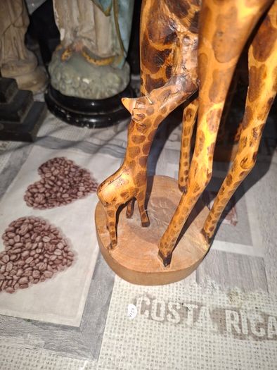 Very Large Vintage Hand Carved Wooden Mother & Baby Giraffe African Folk Art Sculpture and another Giraffe, 3 in total