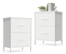 Bedside Tables with 2 Drawers, Set of 2  Side End Tables, Steel, Cloud White