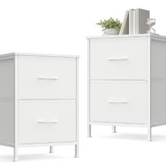 Bedside Tables with 2 Drawers, Set of 2  Side End Tables, Steel, Cloud White