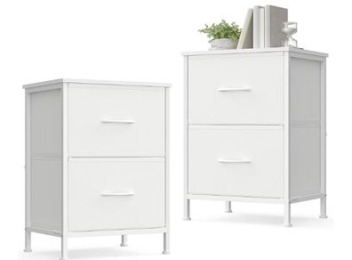 Bedside Tables with 2 Drawers, Set of 2  Side End Tables, Steel, Cloud White