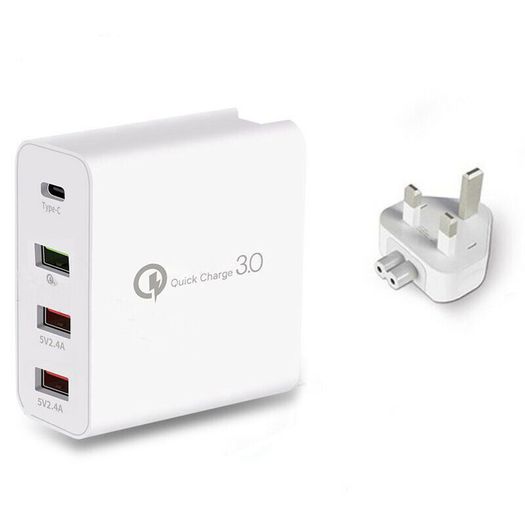 QC 3.0 & PD USB 4 Ports Wall Fast Charger 48W [2 Power Plugs (US/UK)] (Brand New/Warranty)