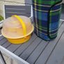 Pristine Vintage 70s Style Picnic Set  Yellow Space-Age Carrier & Plaid/ Tartan Blankets Image 3