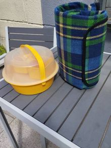 Pristine Vintage 70s Style Picnic Set  Yellow Space-Age Carrier & Plaid Blanket