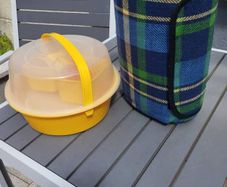Pristine Vintage 70s Style Picnic Set  Yellow Space-Age Carrier & Plaid Blanket