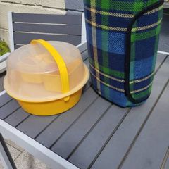 Pristine Vintage 70s Style Picnic Set  Yellow Space-Age Carrier & Plaid Blanket