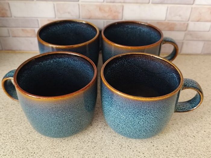 Set of 4 IKEA GLADELIG Mugs Deep Blue  Earthy Gold