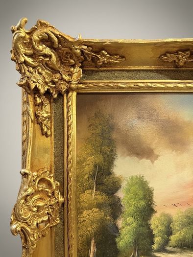 Scenic Forest & Lakeside Landscape Statement Framed Oil Painting