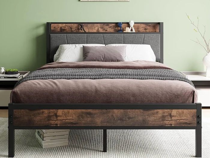 Double Bed Frames with Storage Headboard,Heavy Duty Metal Upholstered Platform Bed Frame Double Bed,Mattress Foundation/Strong Steel Slat Support/Under Bed Storage/Easy Assembly