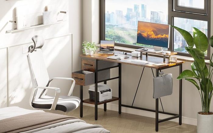 Computer Desk with Drawers Power Outlets 100 cm Office Storage Monitor Stand Reversible Small Desks for Home Bedroom Brown