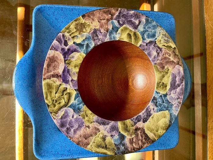 Hand Lathed Signed Coloured Edge Bowl Solid Mahogany