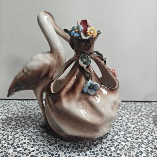 Vintage mid-century Capodimonte Style Italian Porcelain Stork Planter / Vase