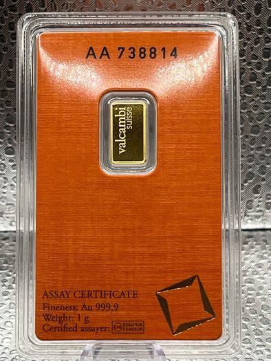 1gram Fine 9999 Gold Bullion Orange Valcambi Bar in Card.