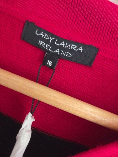 UK16, With Tags Lady Laura Ireland Wool Striped Polo Knit Collared Jumper