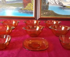 9 Piece Vereco France Amber Glass Two Handled Soup Bowls and Cups And Saucer