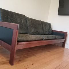 mid century teak and black leather sofa