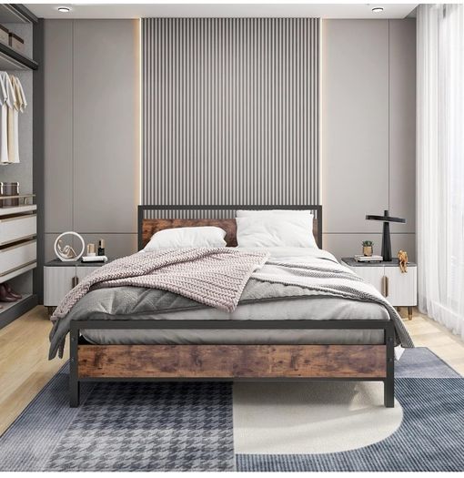 King Size Bed Frame with Wood Headboard,Heavy Duty Metal Platform