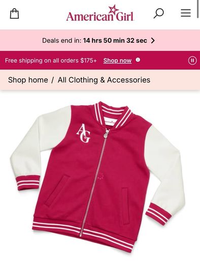 American Girl Star Squad berry coloured Varsity Jacket with white faux-leather sleeves Size M EUC