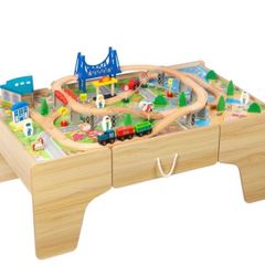 Wooden train table and set