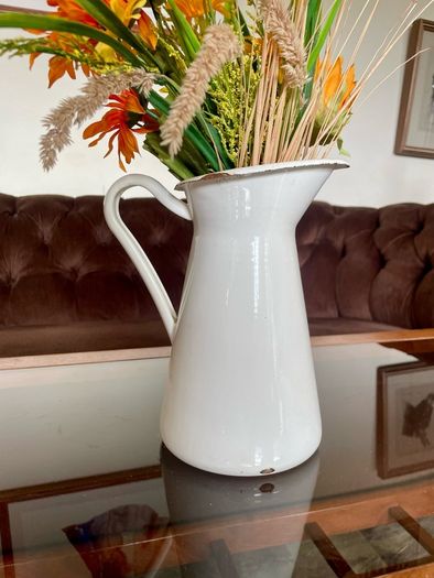 Vintage Shabby Chic Antique White Enamel Jug Vase