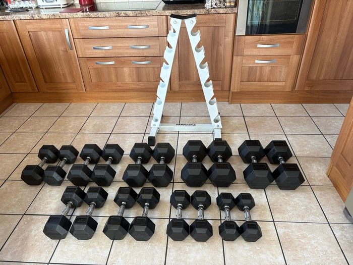 Rubber Hex Dumbbell Set + Upright Dumbbell Storage Rack