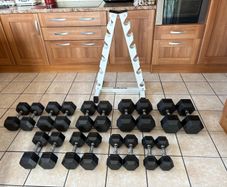 Rubber Hex Dumbbell Set + Upright Dumbbell Storage Rack